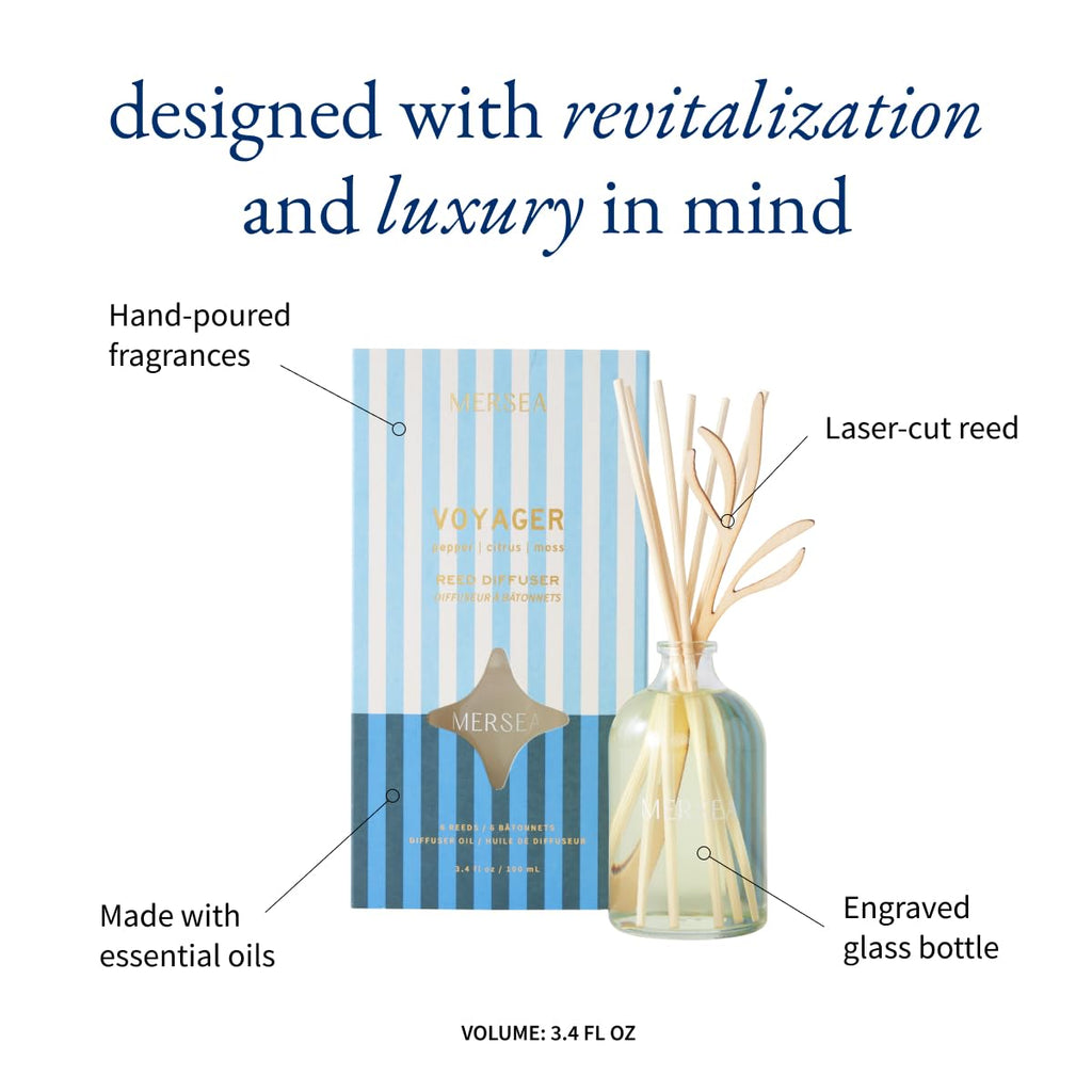 Voyager Bamboo Reed Diffuser, 3.4 fl oz - Scented Glass Oil Diffuser with Wooden Reeds, Flame-Free Home Fragrance