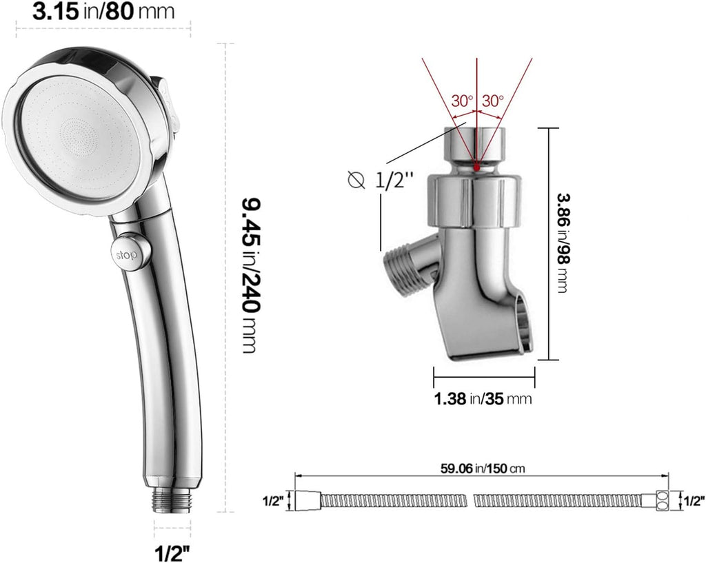 Chrome High Pressure Handheld Shower Head with ON/OFF Pause Switch, 3 Spray Modes Shower Wand with Shut Off Button