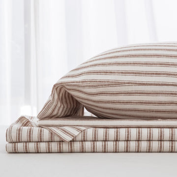 King Size Linen Blend Sheets Set, 55% Linen 45% Cotton Bedding Sets, Bedlinen Up to 16" Deep, Striped Tobacco Brown