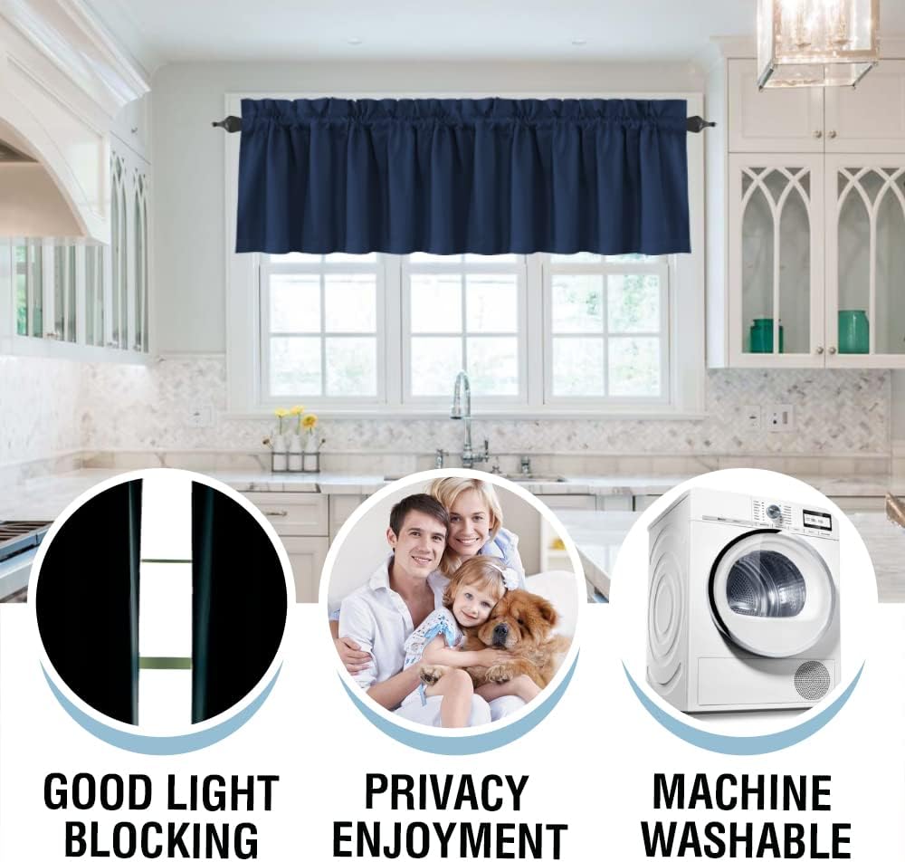 100% Blackout Valances for Windows,Kitchen Valance Set of 2, Small Short Modern Rod Pocket Valances Curtains for Living Room Bathroom Cafe Laundry Basement, 52" x 18", Navy