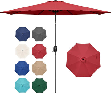 9FT Outdoor Patio Umbrella Table Market Umbrella with Push Button Tilt and Crank, 8 Sturdy Ribs - Ft-red