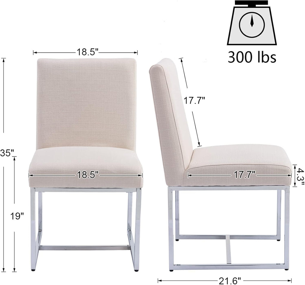 Modern Dining Chairs Set of 4, Upholstered Linen Dining Room Chairs with Ergonomic Back & Polished Silver Metal Frame