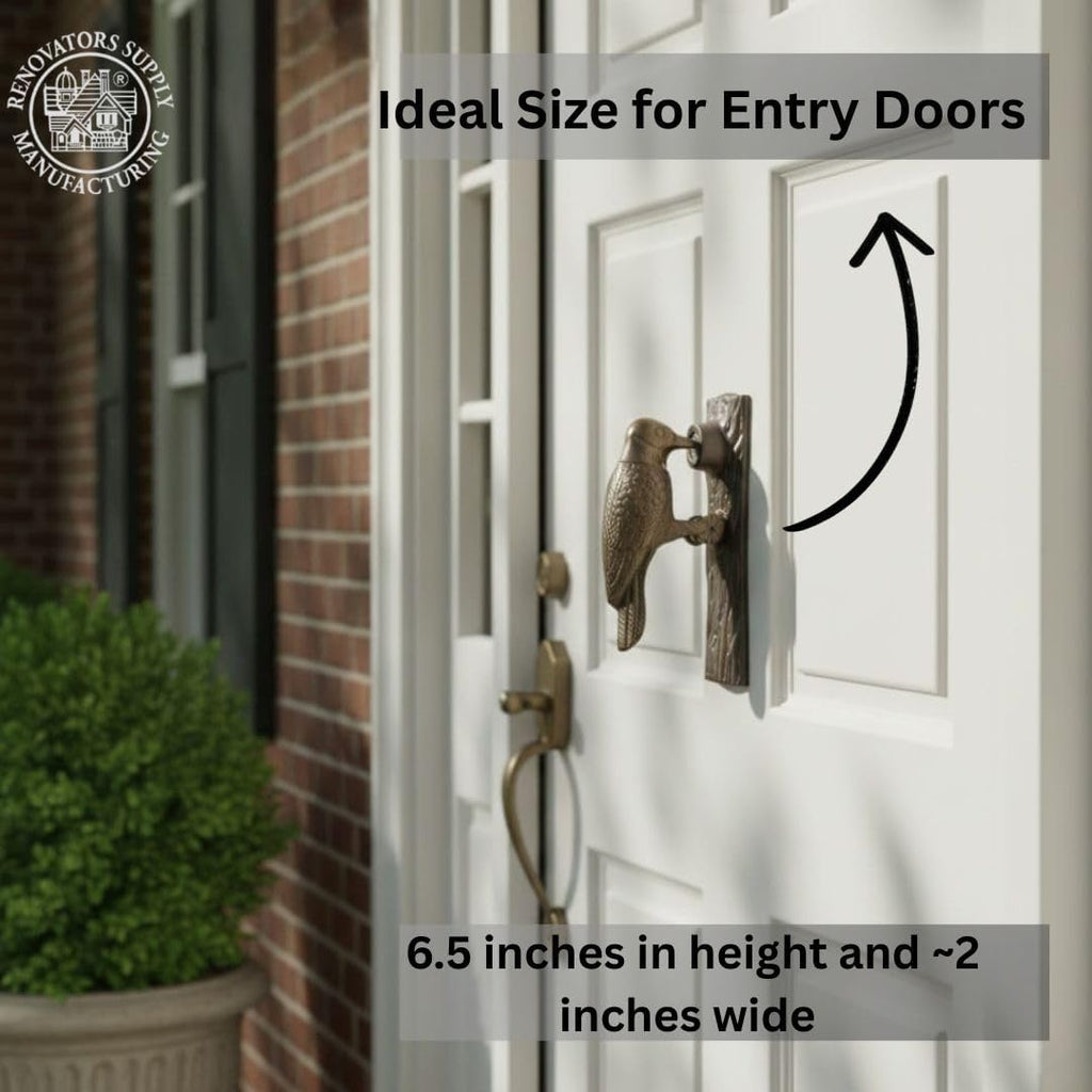 Solid Brass Woodpecker Door Knocker, 6.5" in Antique Brass Finish with Mounting Hardware
