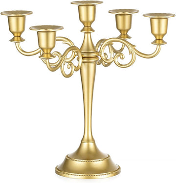 Gold Candelabra Table Centerpiece: 10 Inches Candelabra Candle Holder for Taper Candlesticks - 5 Arms Metal