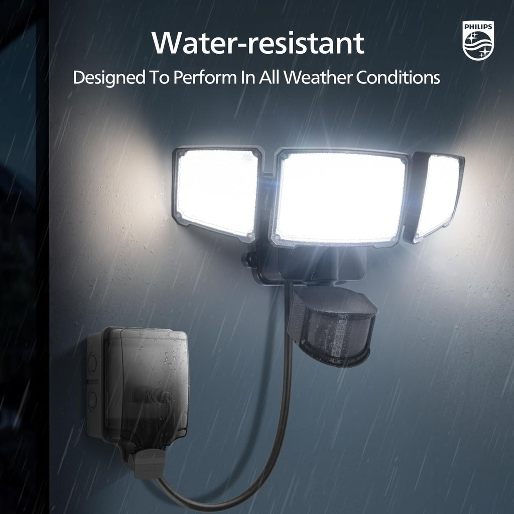 36W Motion Sensor Security Lights Outdoor, 3800 LM LED Dusk to Dawn Plug in Flood Light, 3 Adjustable Heads, 5000K