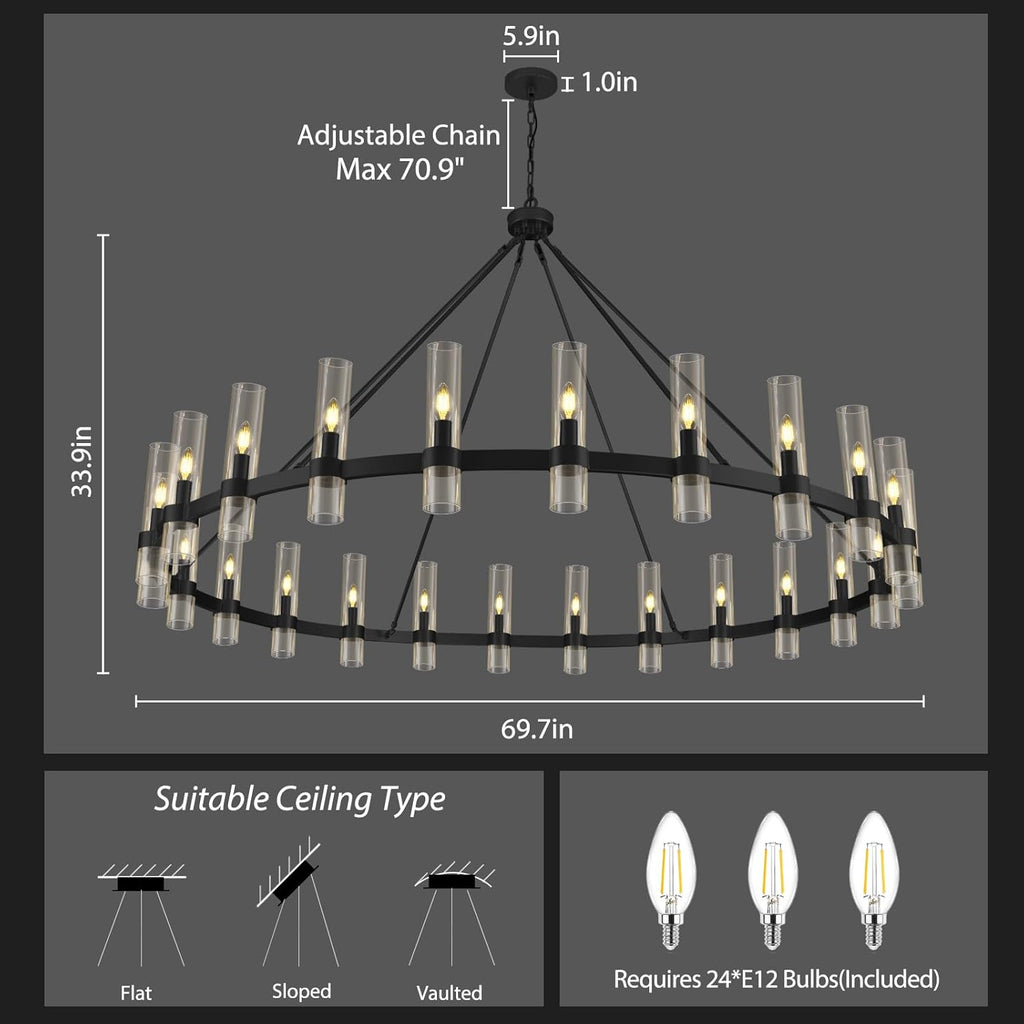 Inspired Ravelle Style Black Wagon Wheel Chandelier, 70 Inch Glass Chandeliers, 24 Light Chandelier for High Ceiling, Modern Farmhouse Chandeliers for Living Room, Dining Room, Entryway, Stairwell (Bulbs Included)