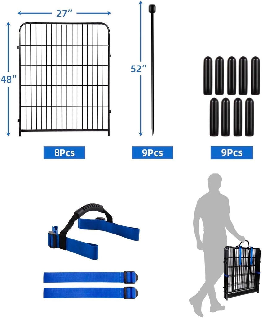 48 in(H) Garden Fence Panels, 8 Panels Total 17.7 Ft(L), Heavy Duty Iron Metal Animal Barrier Fence, Fencing for