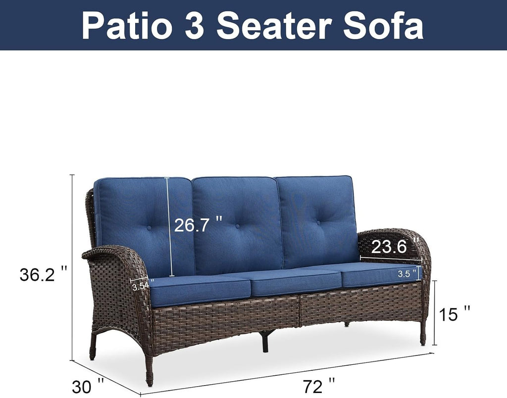 Outdoor Patio Furniture - Wicker Sofa with Removable Cushion, 3 Seater Rattan Couch with Deep Seat, High Backrest