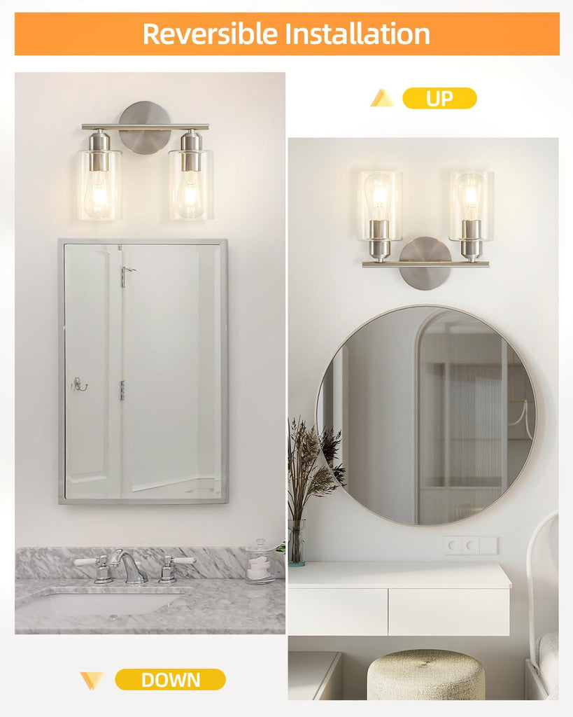 Bathroom Light Fixtures, 2-Light Brushed Nickel Vanity Lights, Modern Bathroom Lighting Fixtures Over Mirror with
