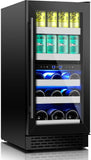15 Inch Wine and Beverage Refrigerator,13 Bottle & 48 Cans Black Dual Zone Bever