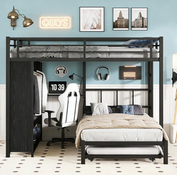 Queen Over Twin XL bunk Bed with Foldable Desk and Wardrobe and Twin Trundle, loft Bed with Desk and Desk