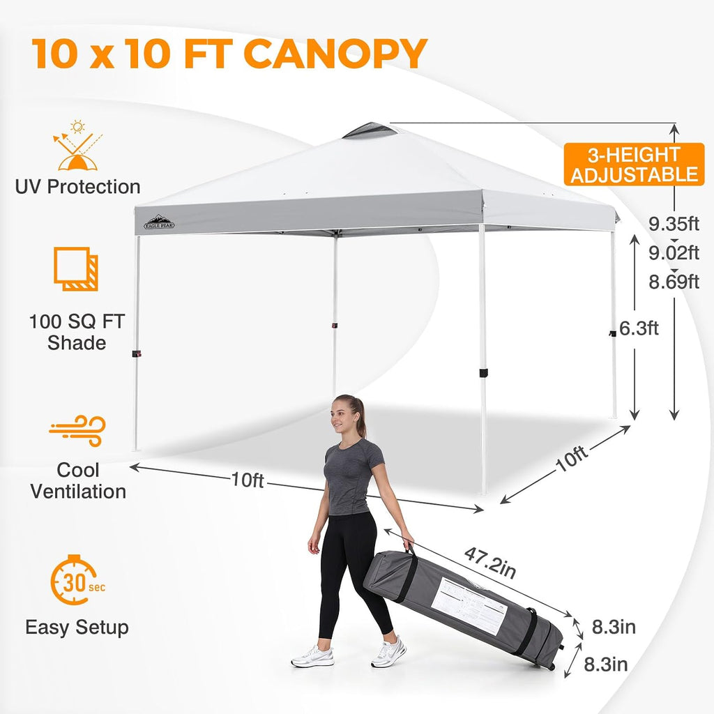Pop Up Canopy Tent with Wheeled Carry Bag, 8 Stakes, 4 Ropes, 4 Weight Bags, Easy Set Up Tent Canopy, 10x10 ft