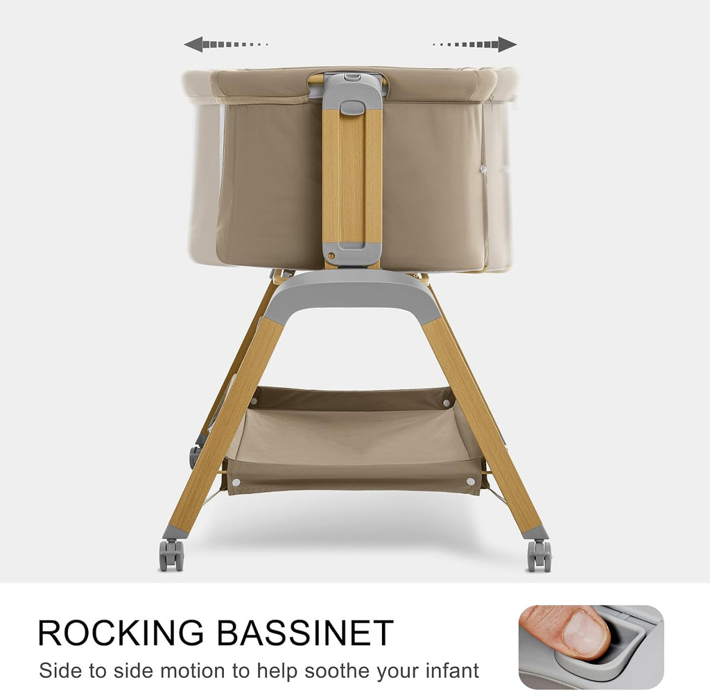 3-in-1 Baby Bassinet, Bedside Sleeper, Rocking Mode, Wheels (Khaki) | 5 heights, breathable mesh, comfy mattress with