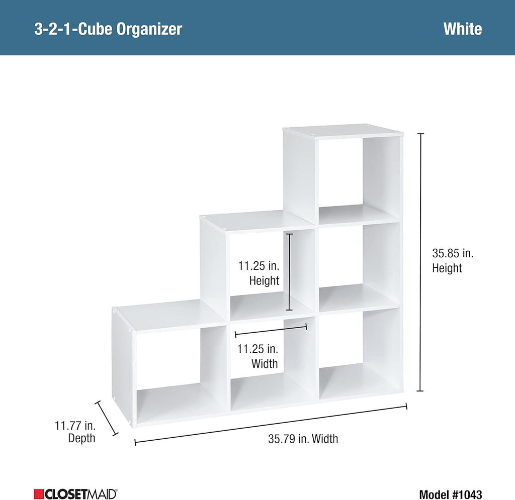 Cubeicals 3-2-1 Cube Storage Shelf Organizer Bookshelf, 3 Tier, Steps, Corner Unit, Easy Assembly, Wood