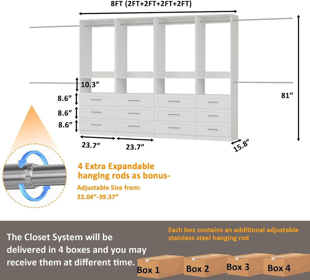 Modular Closet System with 12 Drawers, 8FT-21FT | Closet Organizer Storage System with 8 Extendable Hanging Rods 4
