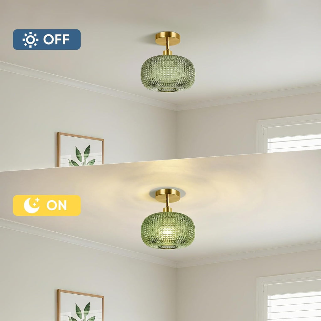 Semi Flush Mount Ceiling Light, Adjustable Hanging Gold Sloped Ceiling Lights with Green Glass Shade Vintage Hallway