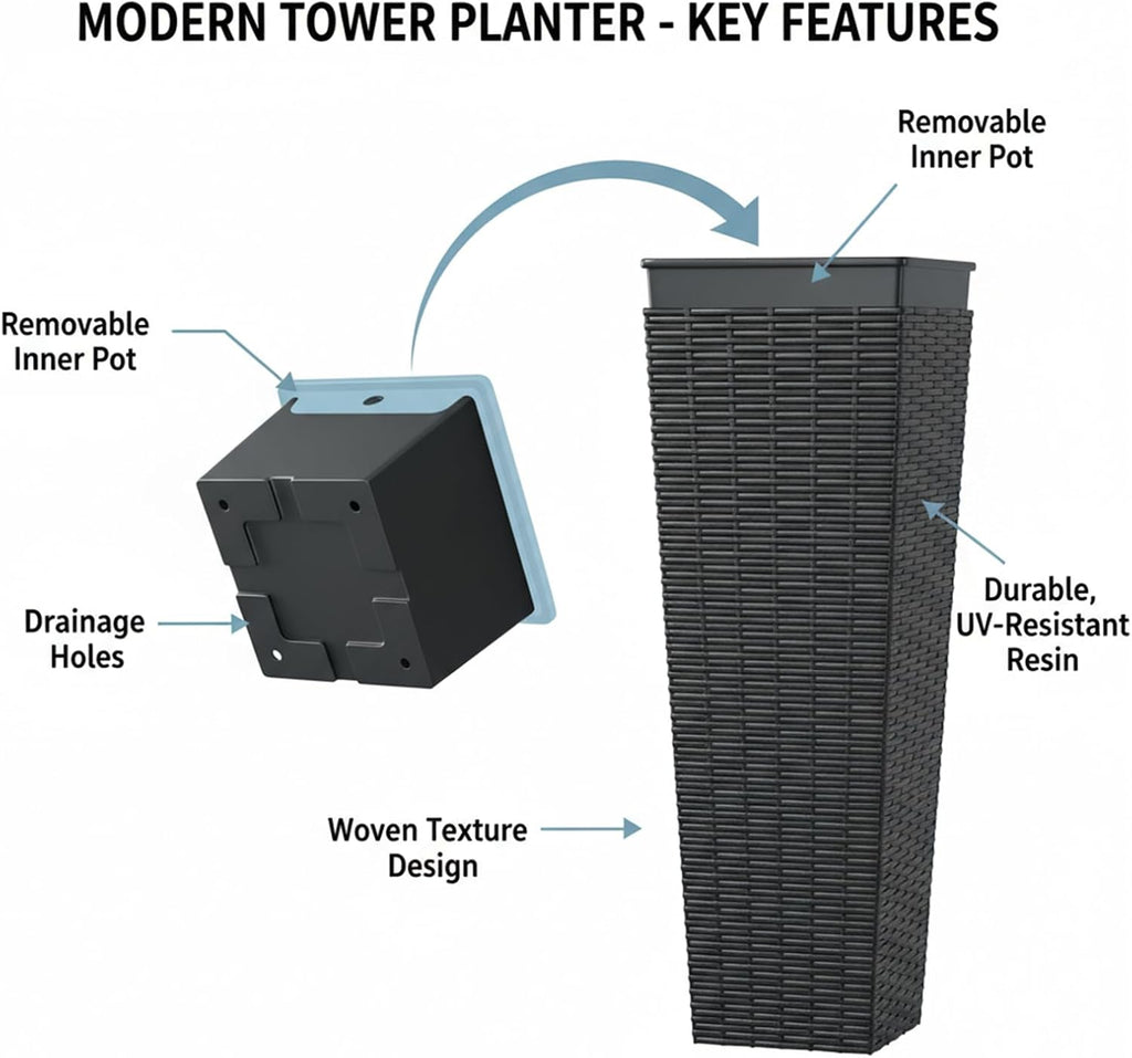 32" Tall Planter, Large Outdoor Planter Pot with Drainage | Outdoor Planter Set of 2,Removable Inner Pot,Resin