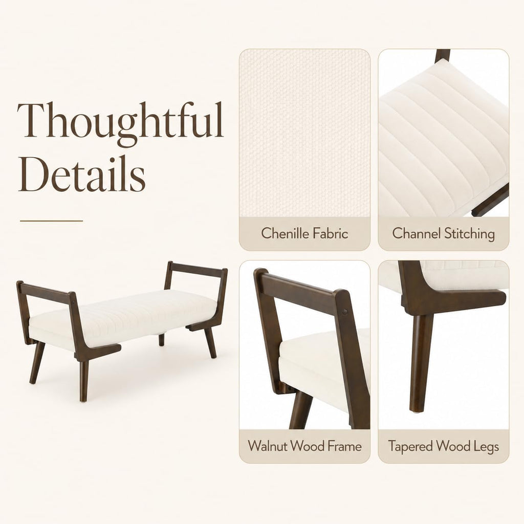 52" Upholstered Bench, Beige Chenille, Walnut Legs | Mid-century modern ottoman with high-resilience foam, sturdy