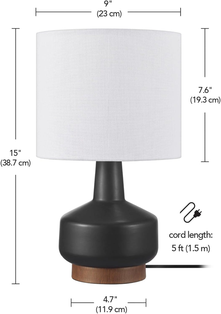 15" Ceramic Table Lamp, Matte Black Base, Wood-Toned Accent, White Linen Shade, Dual Rotary Switch