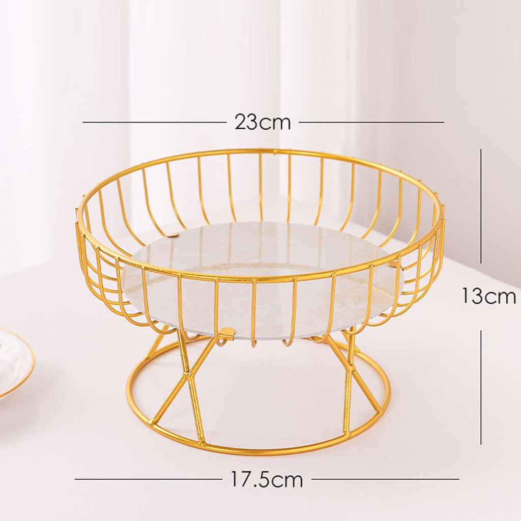 Metal Wire Fruit Basket, 9 inch Pedestal Fruit Bowl with Marble Tray, Decorative Iron Wire Bread Snacks Holder