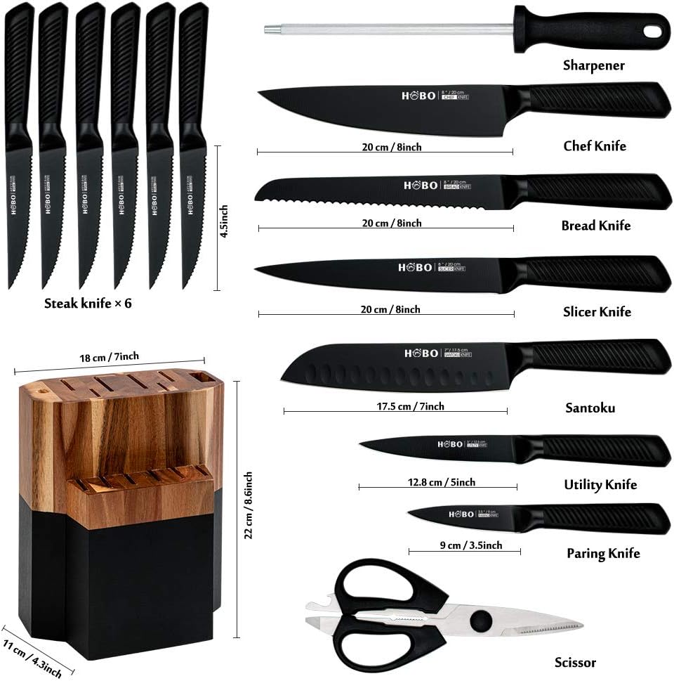 Knife Block Set, 15 Piece Kitchen Knife Set with 6 Steak Knife Set with Sharpener Chef Knife High German Carbon