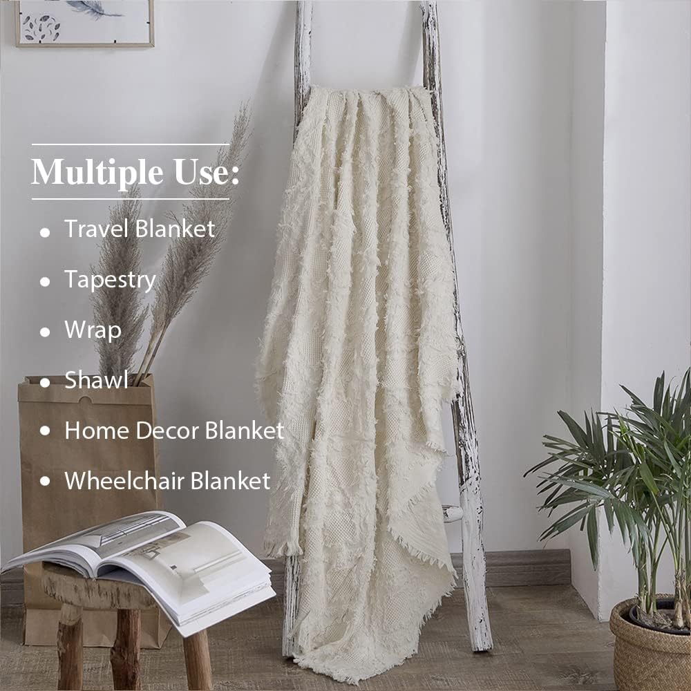 100% Cotton Throw Blanket, Boho Textured Geometric Knit Woven Blanket with Tassels Soft, Lightweight Breathable