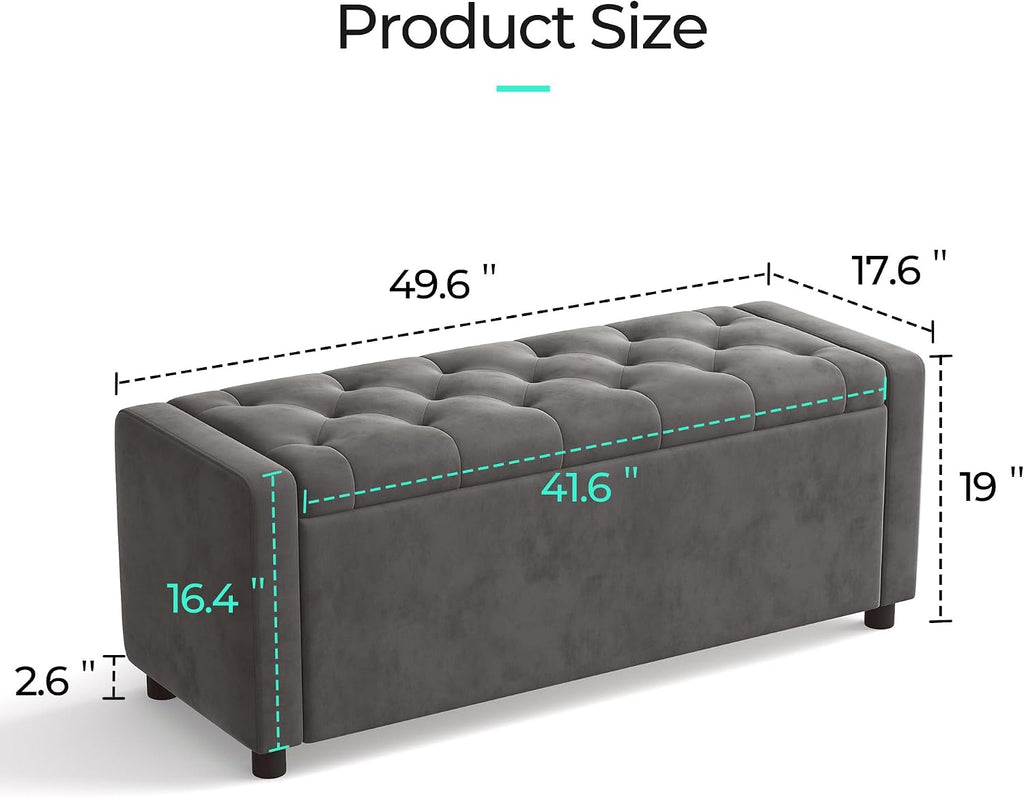 49" Velvet Ottoman with Storage, Upholstered End of Bed Storage Bench, Large Ottoman Foot Rest , Dark Grey