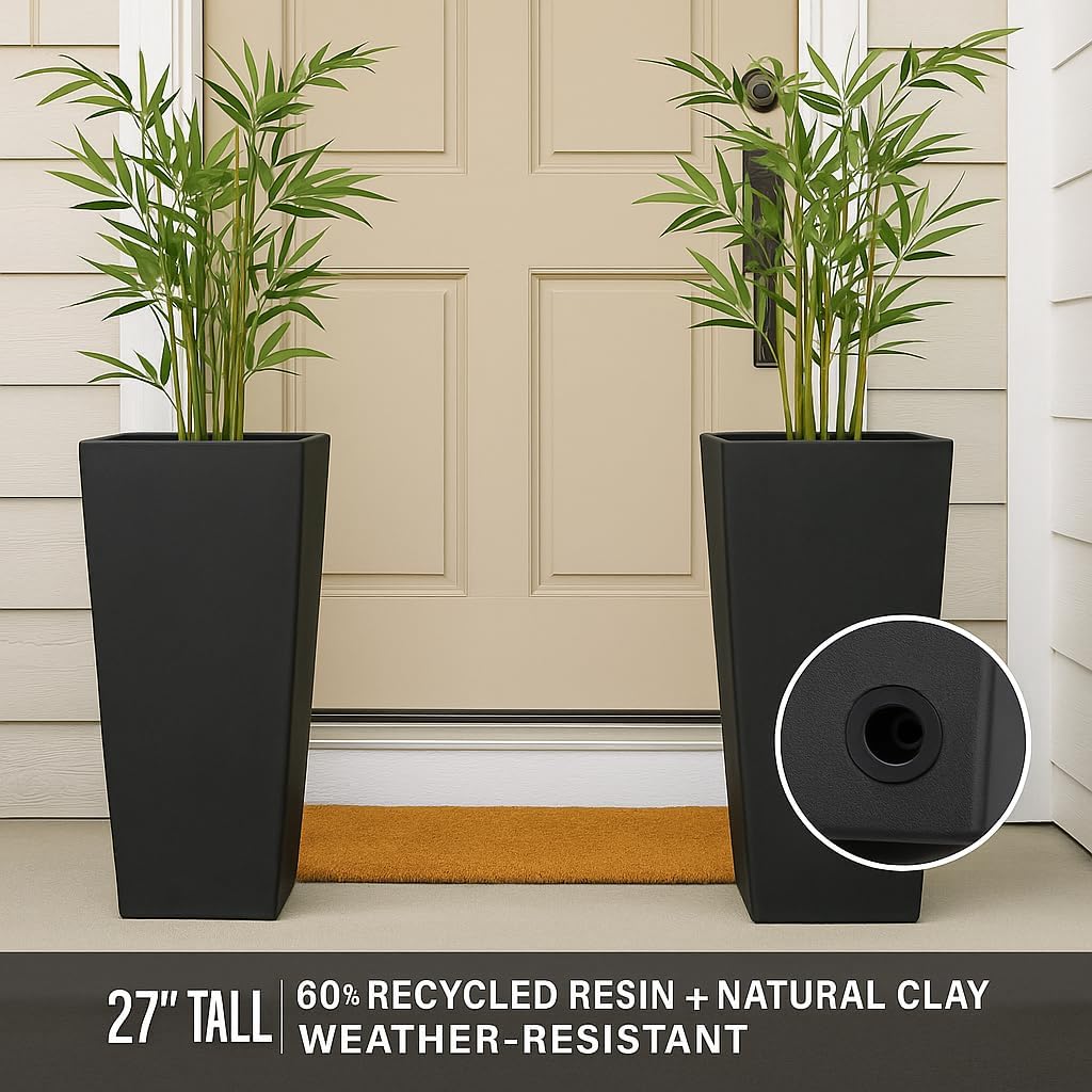 27 Inch Tall Planters Set of 2, Black Outdoor Planters | Weather resistant design with drainage hole and rubber plug