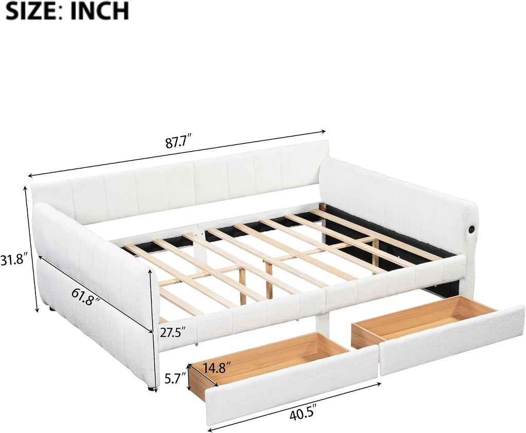 Queen daybed with USB, Queen Corner Bed with Two Drawers, Upholstered Bed Frame for Kids,Teens,Adults, Lambswool