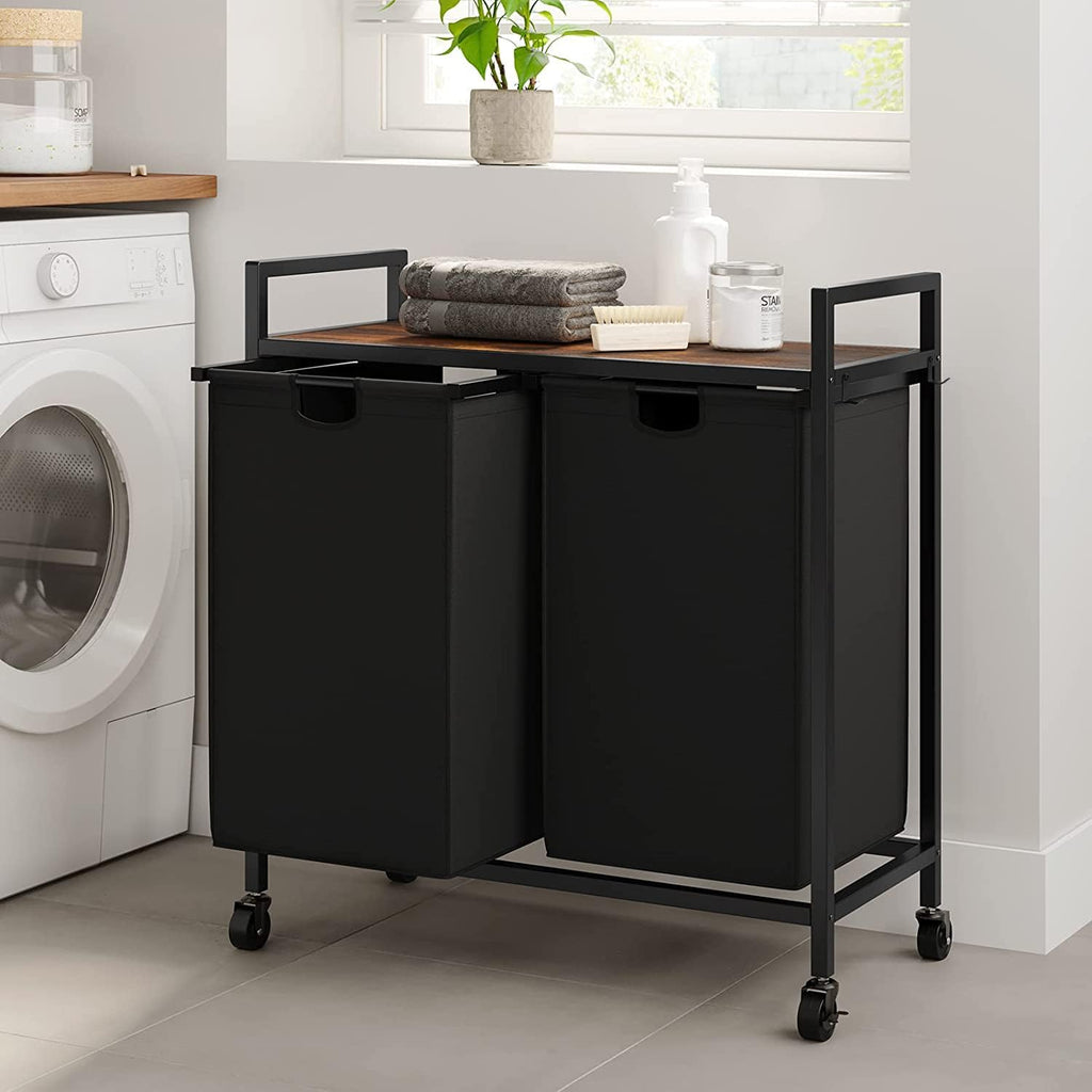 Double Laundry Hamper with Wheels, Rolling Laundry Basket Organizer | Laundry Hamper 2 section with Lid, Iron-Made