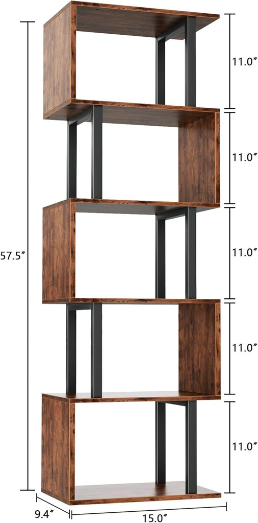 6 Tier Bookshelf, Tall S Shaped Geometric Bookcase, Modern Display Shelf Standing Unit
