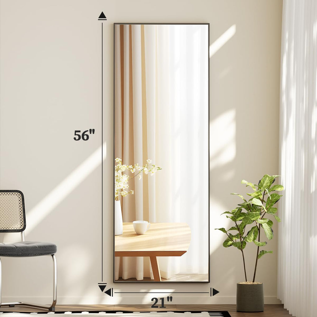 Full Length Mirror with Stand, 56"x21" Floor Mirror with Aluminum Alloy Thin Frame, ShatterVue Tempered Full Body