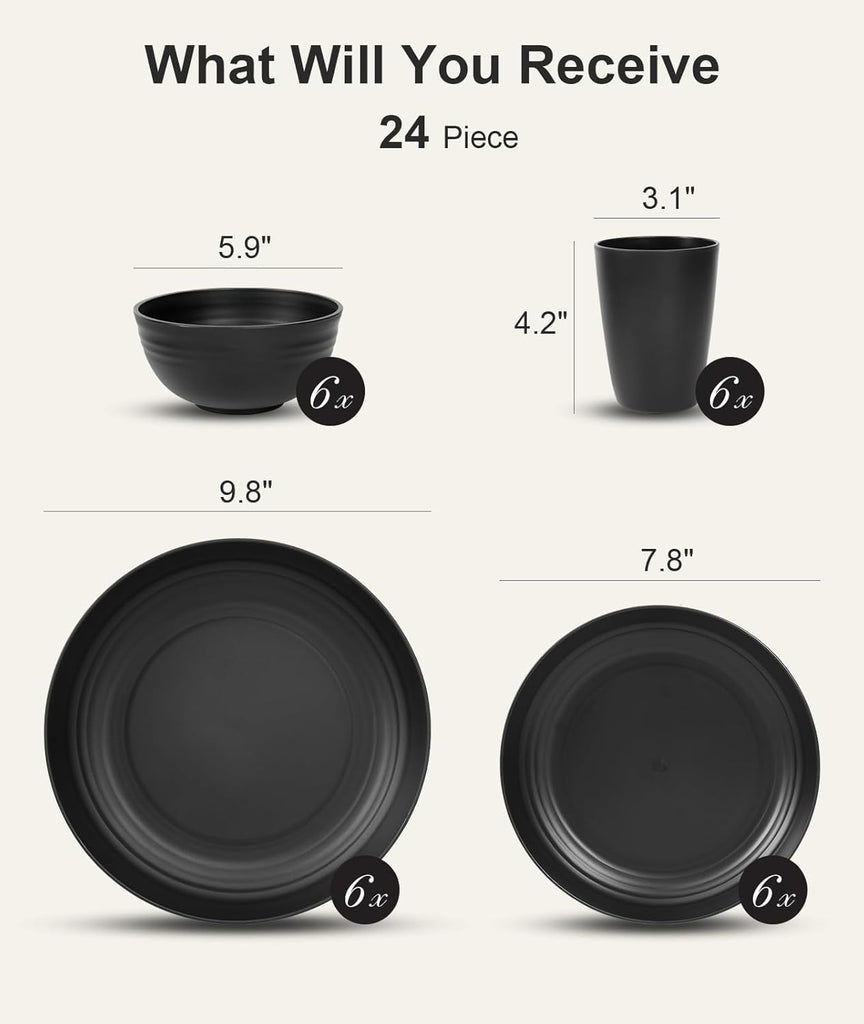 24 Piece Plates and Bowls Sets for 6, Unbreakable Dinnerware Sets, Dish Set for Camping, Dishwasher Microwave Safe
