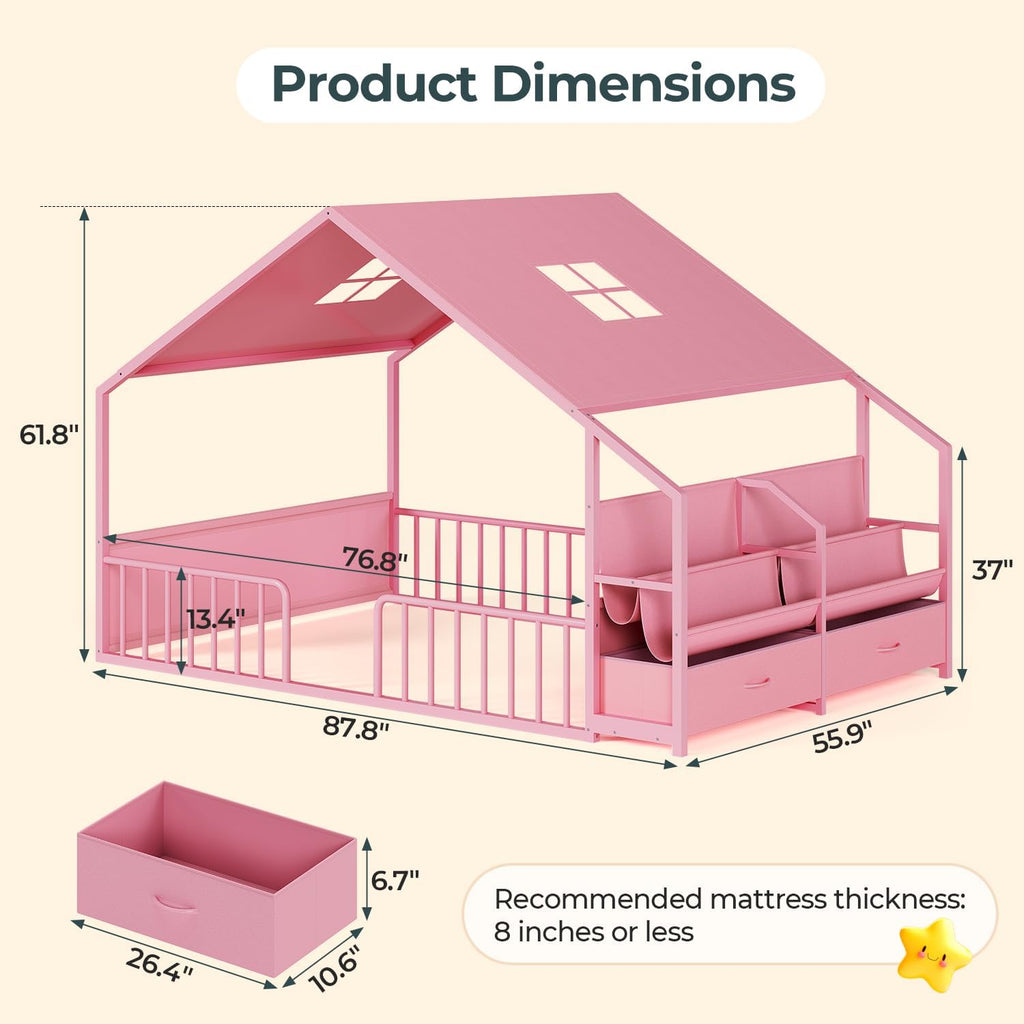 Montessori Full Size Floor Bed, Safety Guardrails, Reading Nook, Pink | House Shape, Sling Bookshelves, Storage