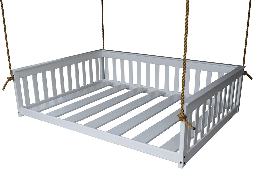 Amish-Made Full Size Mission-Style White Wooden Swing Bed with Ropes