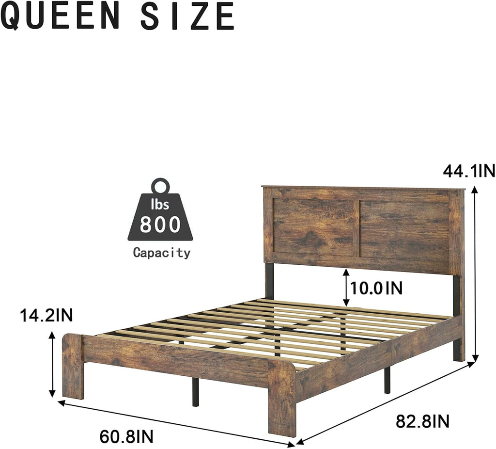 Wood Queen Bed Frame with Headboard, Rustic Farmhouse Platform Bed Frame with 12 Wood Slats Support, No Box Spring