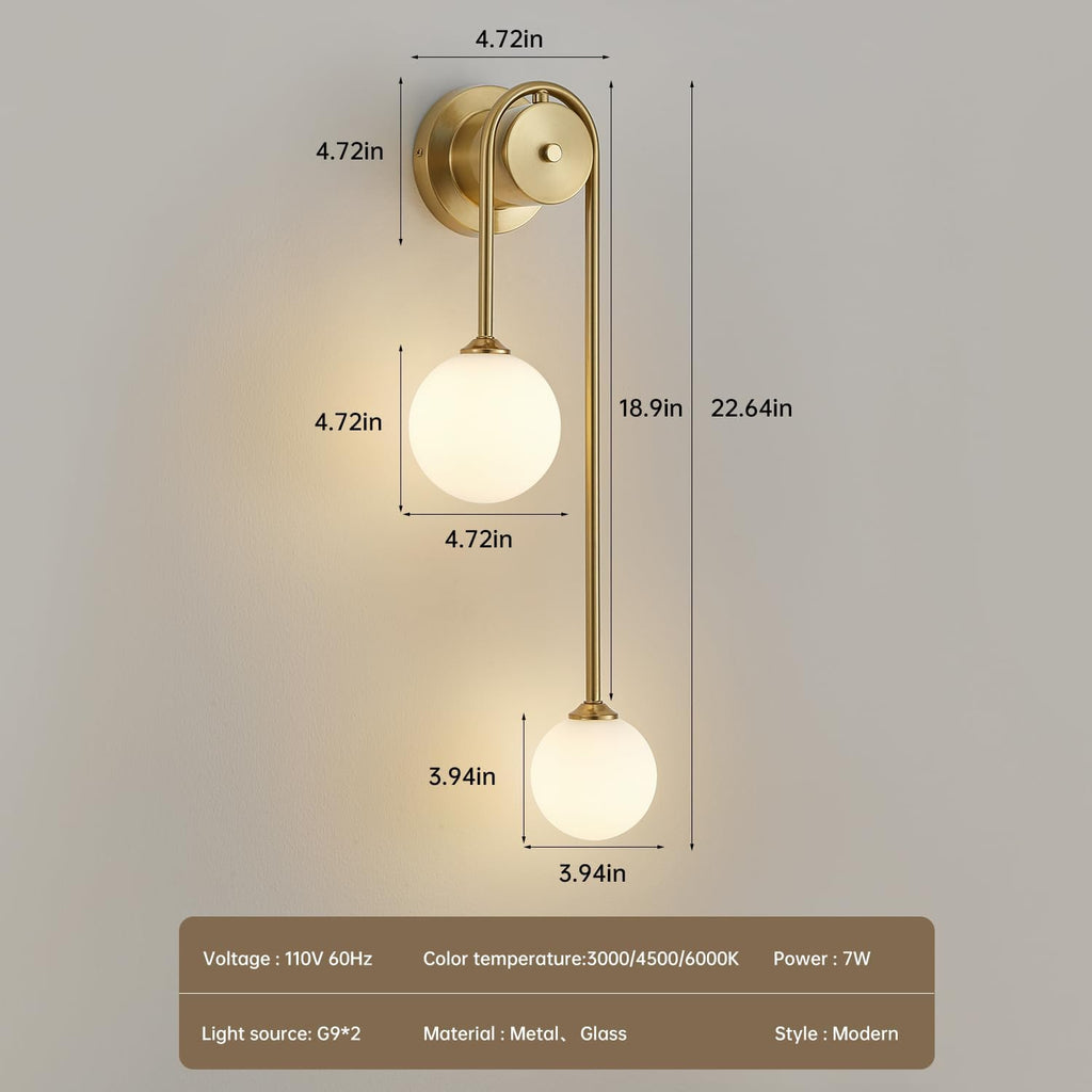Golden Wall lamp Double Ball, mid-Century Modern Glass Wall sconces,with G9 Tricolor Bulb for Living Room Bedroom