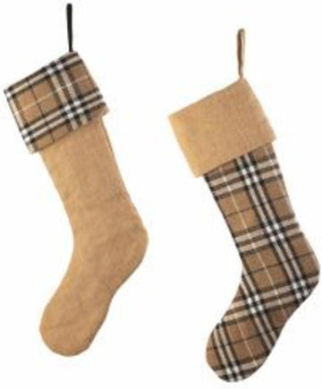 Set of 2 Country Cabin Tan and Black Plaid and Burlap Christmas Stockings 20.5"