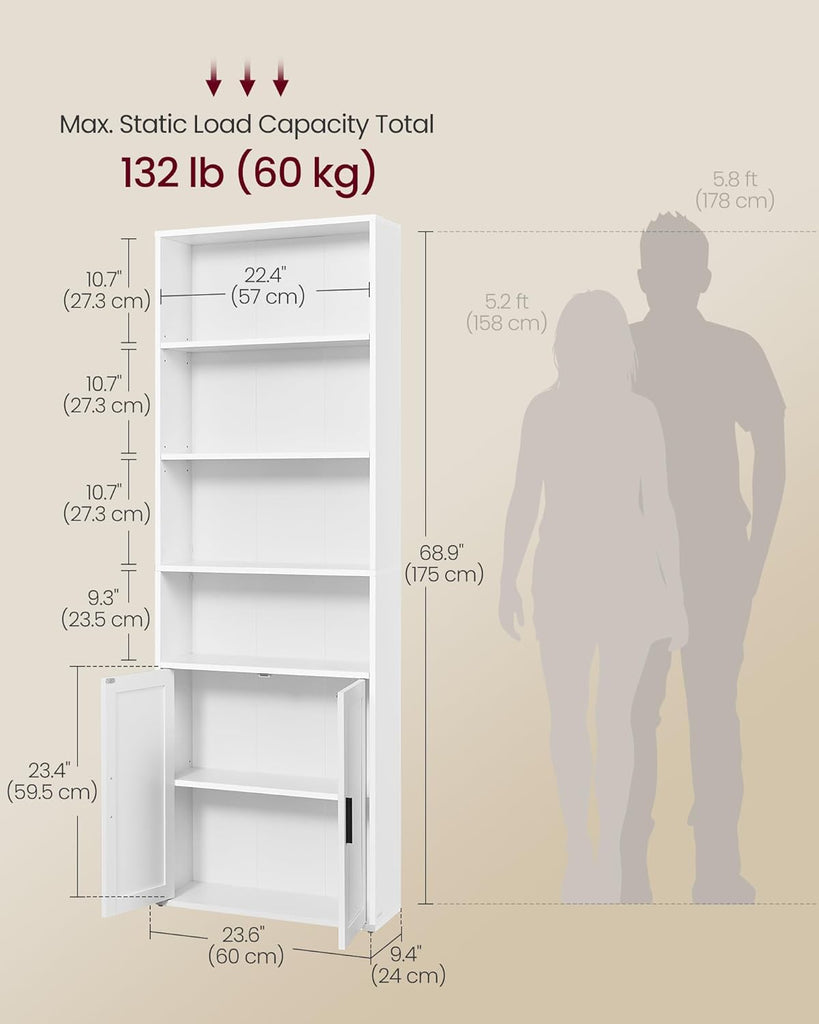Bookshelf, 6-Tier Tall Bookcase, Book Shelf with Doors, Open Storage Shelf