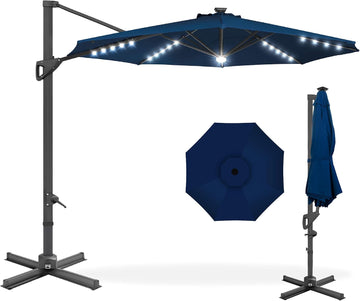 10ft Solar LED Cantilever Patio Umbrella, 360-Degree Rotation Hanging Offset Market Outdoor Sun Shade w/Lights - Navy Bl
