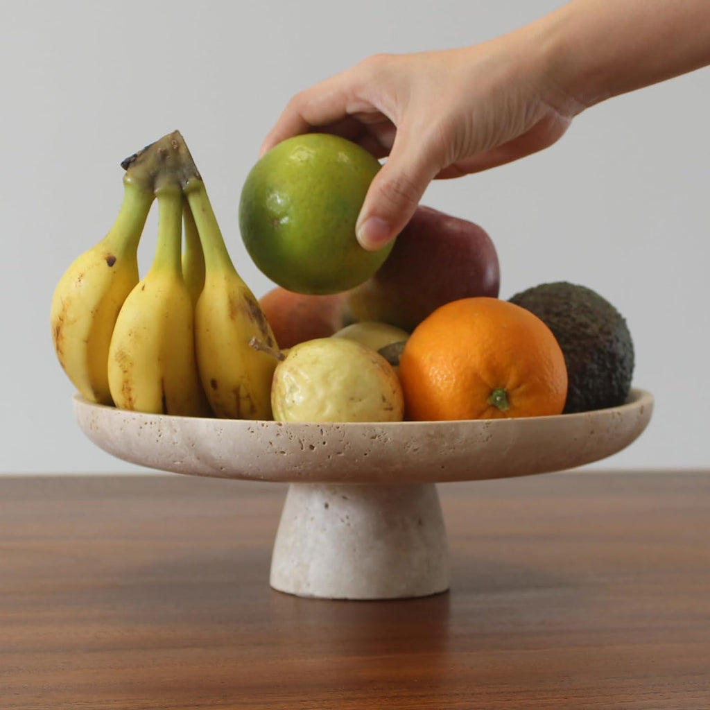 Natural Travertine Fruit Bowl Counter 10.2", Large Decorative Bowl Pedestal Decor, Fruits Holder For Dining Table