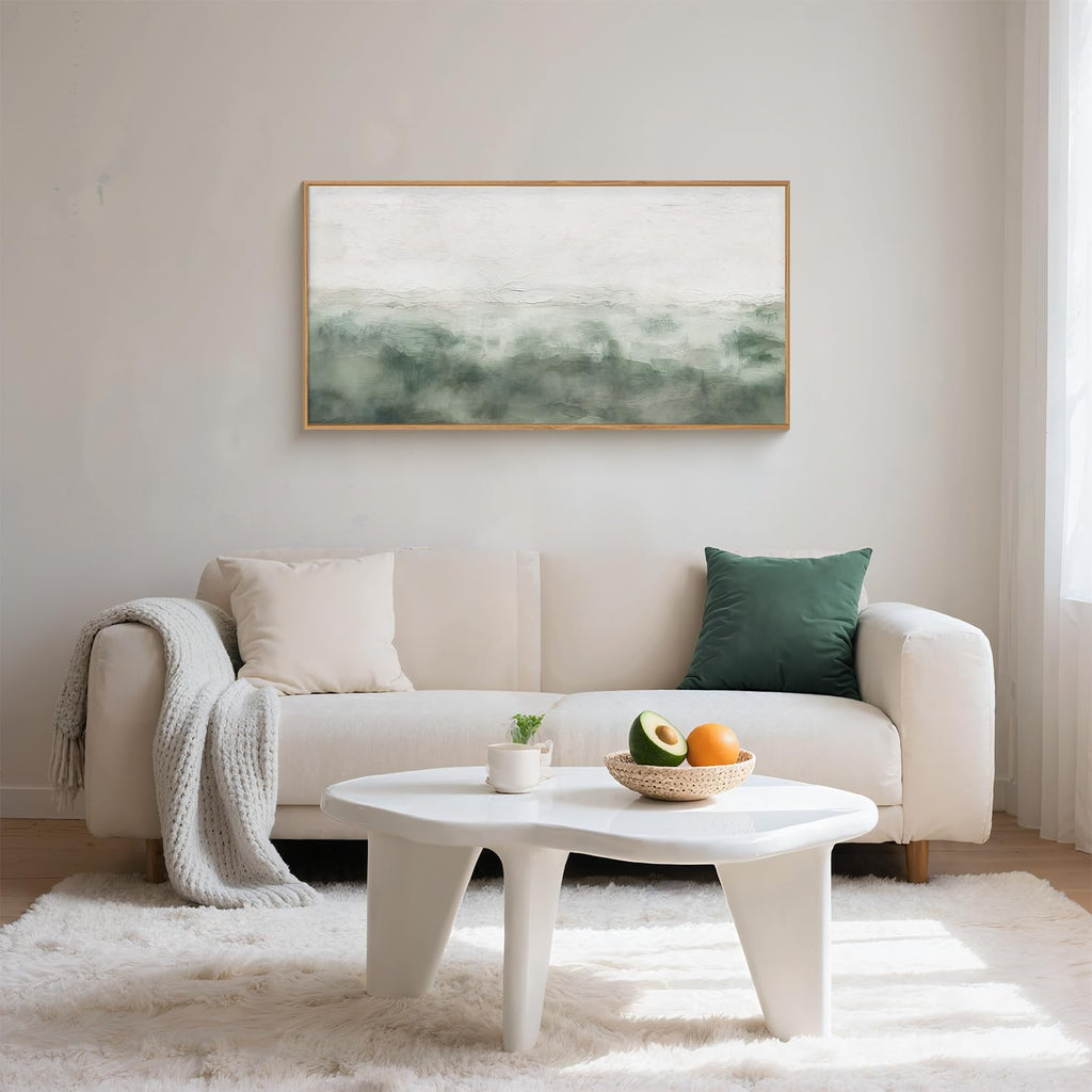 Large Abstract Grey Green Framed Canvas Wall Art,Watercolor Neutral White Wall Decor,Modern Pastel Wall