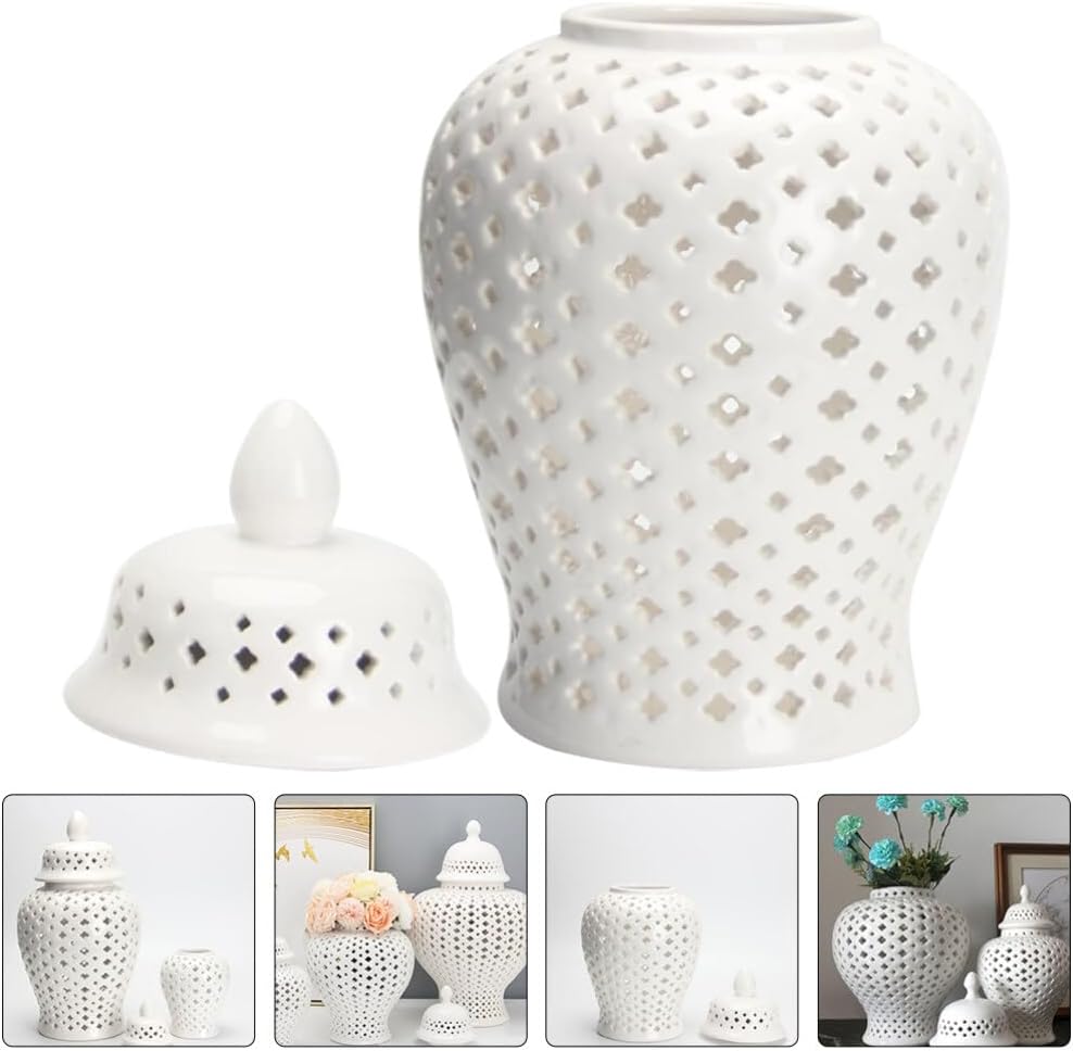 Ginger Jars Decor Traditional Pierced Ginger Jar with Lid Carved Lattice Decorative Temple Jar Cut Out Ceramic Vase