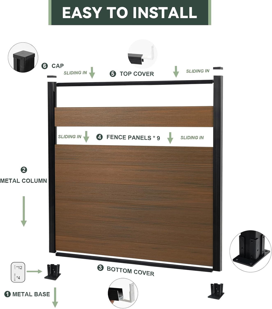 Privacy Fence Panels for Outside,6ft(W) x 6ft(H) Outdoor Privacy Panels with 1 Post,Wind Resistant Wood Plastic