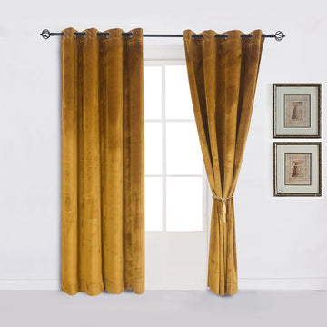 Super Soft Luxury Heavy Velvet Set of 2 Warm Yellow Blackout Energy Efficient Grommet Curtain Panel Drapes Ginger