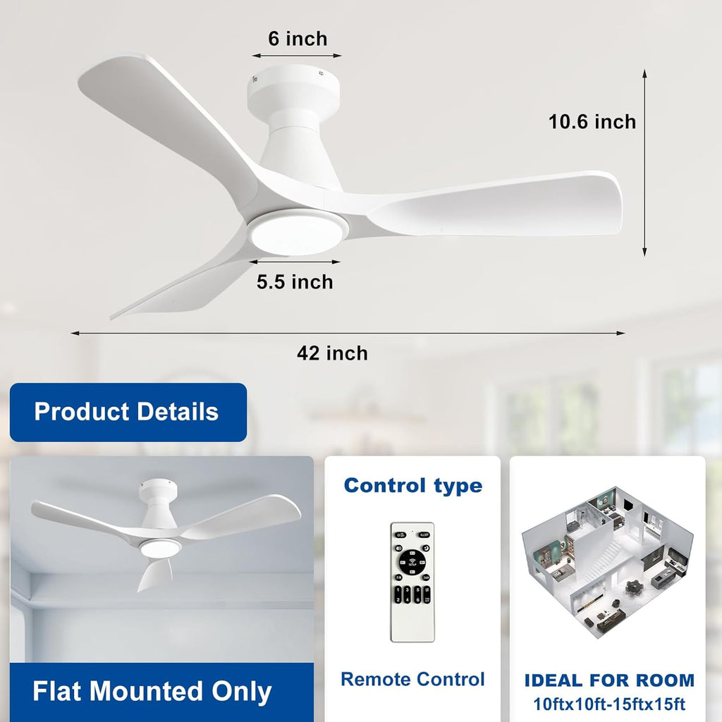 42-Inch Flush Mount Low Profile Ceiling Fan with Dimmable LED Light and Remote - White, 3 Blade, Ultra Quiet DC Motor