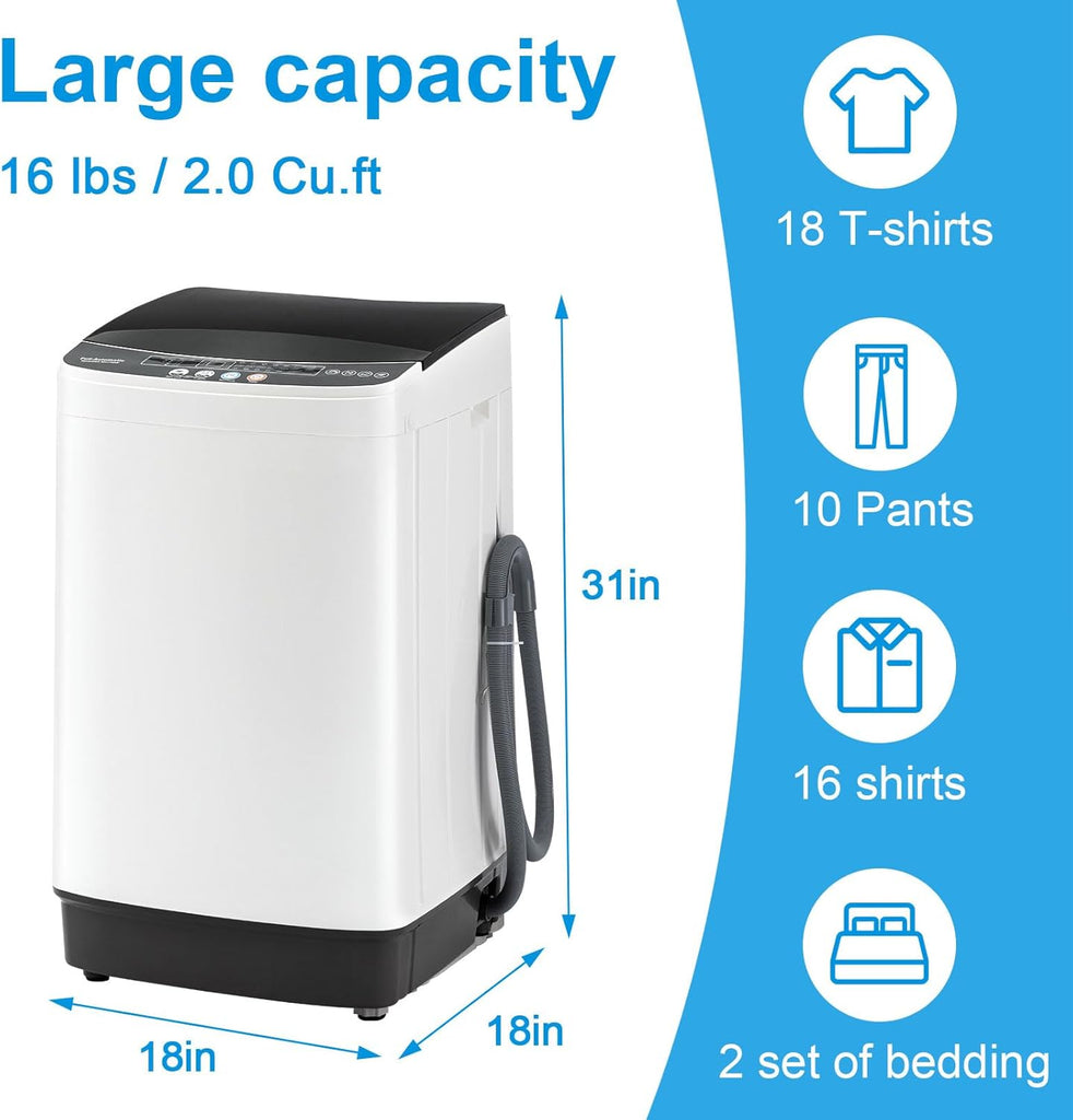 16 lbs Portable Washing Machine, Full-Automatic Laundry Machine with Stainless Steel Drum, 10 Wash Cycles, Compact