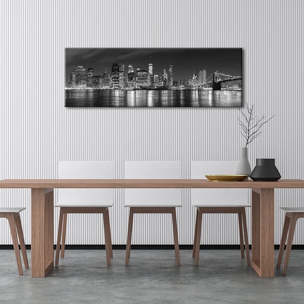 New York Manhattan Night View in Black and White Giclee Canvas Prints Modern Stretched and Framed Art work Cityscape