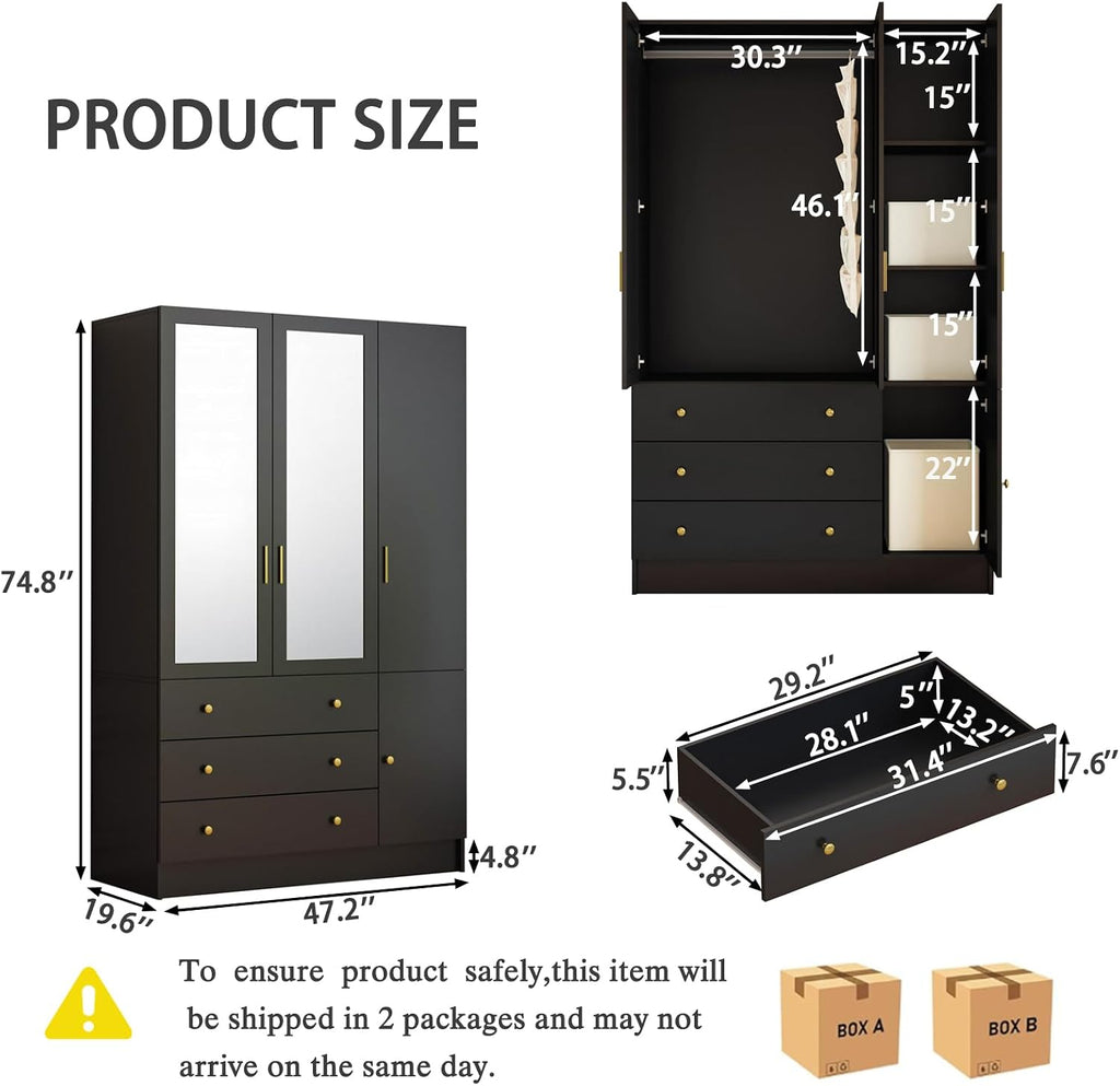 75" Tall Wardrobe Closet with 3 Doors & 3 Drawers, Modern Armoire with Mirror & LED Lights, Wooden Armoire Wardrobe