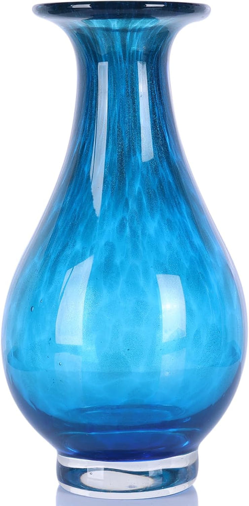 Blue Glass Vase, Hand Blown Wide Mouth Art Glass Vase, Murano Style Decorative Flower Vase Decor, Mantel, Dining